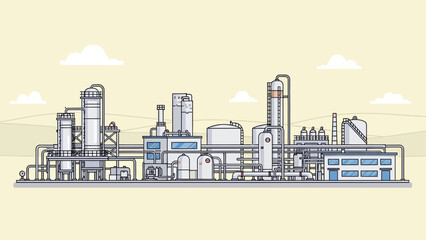 Obraz premium Industrial Silhouette: A detailed depiction of an industrial complex, showcasing the intricate network of pipes, tanks, and structures against a clear sky, symbolizing the industry
