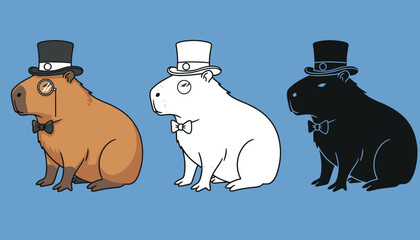 Three capybaras wearing top hats and bow ties in silhouette mode