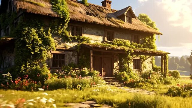 A rustic house enveloped in greenery and nature, with a thatched roof, in a sunlit setting