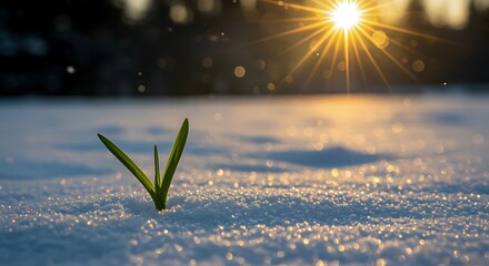 Single green sprout emerging from snow with bright sunburst in the background plant growing