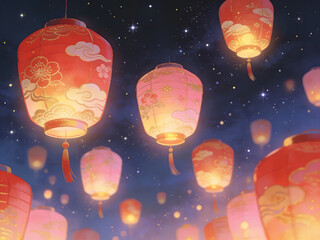 magical lantern release celebration with soft bokeh lights and night sky