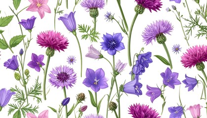 Floral Pattern with Purple and Pink Flowers on White Background.