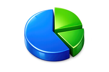 Pie chart representing data analysis and business growth with blue and green glossy sections on transparent background