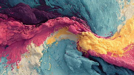 Mesmerizing swirl of thick acrylic paint in teal, magenta, and mustard yellow. Intricate textured fluid art capturing organic movement and flow.