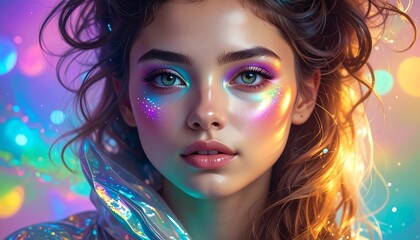 Radiant beauty with iridescent makeup and ethereal glow.