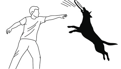 A man throwing a frisbee to his jumping dog in silhouette mode