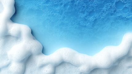 Aerial view of frothy soap or bubbly foam, with a gradient of sky blue color