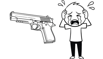 A cartoon man crying and covering his head in fear of a gun