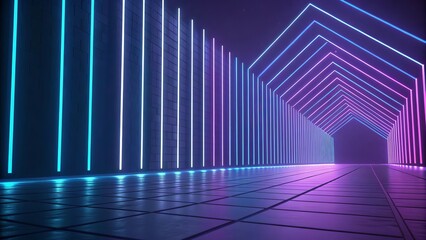 Vibrant neon lights illuminate a futuristic digital tunnel creating an immersive pathway