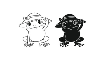 A colorful illustration of frogs wearing hats in different styles silhouette