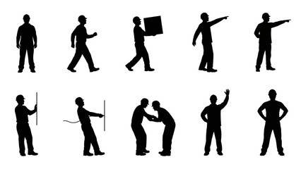 Comprehensive set of black silhouettes featuring professional construction workers and industrial laborers engaged in diverse tasks and poses on a white background.