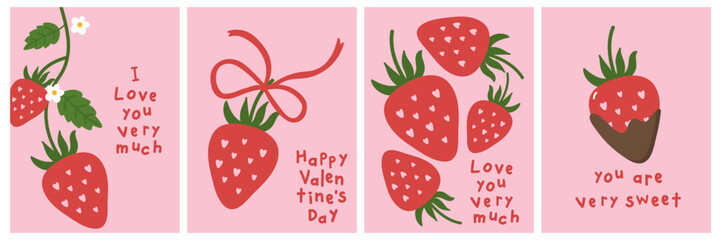 Happy Valentine's day greeting card with cute red strawberry and bow. Red and sweet berry for love holidays season banner and background. -Vector © Dusida