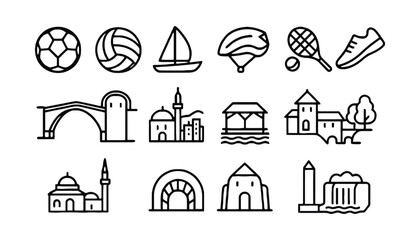 A collection of icons representing Croatian sports and Bosnian landmarks in silhouette