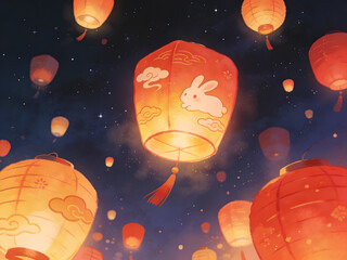 chinese lantern festival night scene with illuminated paper lanterns in the sky