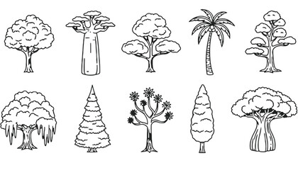 A collection of various tree silhouettes on a white background silhouette