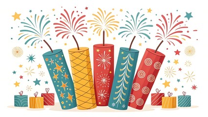 Colorful cartoon firecrackers with festive fireworks and scattered gift boxes, celebrating a special event