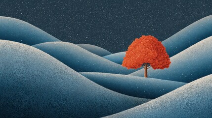 Solitary vibrant tree stands amidst rolling blue terrain under a starry night sky