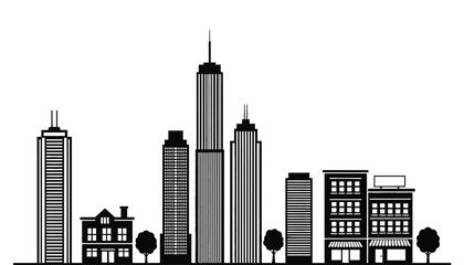 A black silhouette of a city skyline with tall buildings and trees