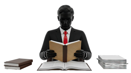 Businessman reading an open book, surrounded by stacks of books and papers