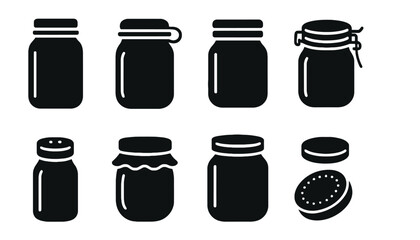 A set of black and white icons of various jar and bottle silhouettes silhouette
