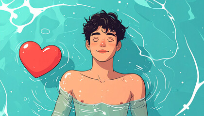 Young man floating peacefully in teal pool with red heart shaped float, relaxed expression, summer vibe, water ripples, joyful and calm atmosphere