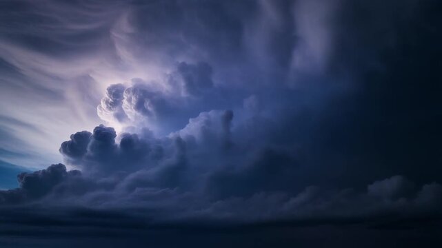 Majestic thunderstorm clouds with sunbeams piercing through dense formations and lightning strikes illuminating the turbulent sky over a mountainous