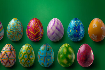 Bunt gef&auml;rbte Eier auf gr&uuml;nem Hintergrund