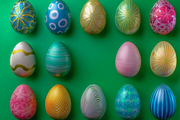 Bunt gef&auml;rbte Eier auf gr&uuml;nem Hintergrund