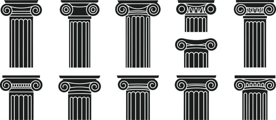 Collection of Black Ionic and Corinthian Column Capitals and Shafts greek