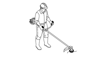 A man in protective gear using a brush cutter in silhouette mode