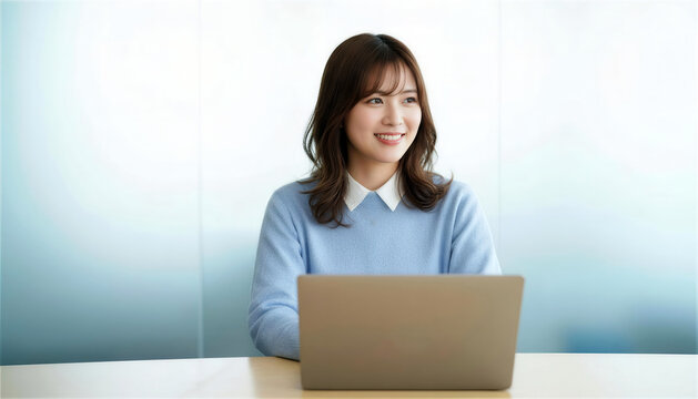 明るい空間でパソコンを前に爽やかに微笑む女性