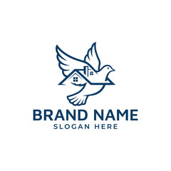 Fototapeta premium Dove flying with house logo for real estate brand identity