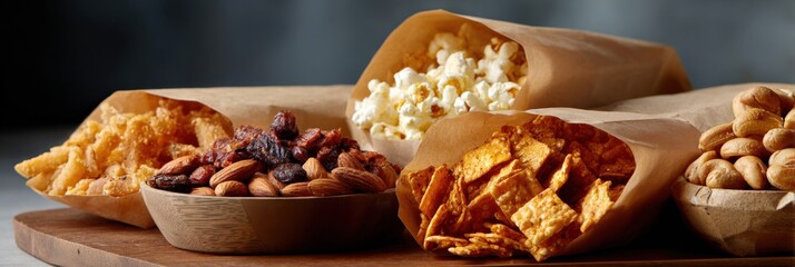 Assorted crunchy snacks: popcorn, nuts, pretzels, and crisp chips