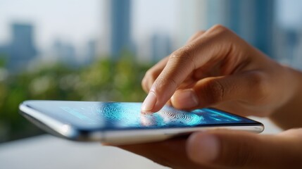 Close-up of female hand unlocking smartphone with fingerprint in urban setting