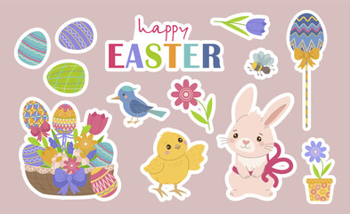 Adorable vector illustration collection of stickers featuring Easter elements like a bunny, chick, floral decorations, and colorful eggs. Perfect for festive designs and springtime celebrations.