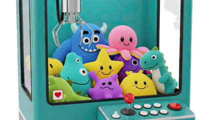 Claw Machine Filled with Colorful Stuffed Monsters and Toys