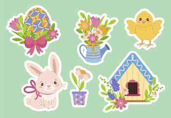 Festive set of stickers vector illustration featuring Easter elements including decorated eggs, a cute bunny, colorful flowers, and cheerful animals, capturing the joy of the holiday season.