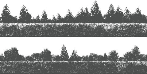 Two horizontal rows of dark gray textured forest and grass silhouettes against a white background trees © appl