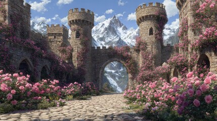 Stone castle entrance blooming with pink flowers, leading to snowy mountains under a partly cloudy sky