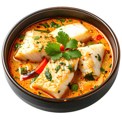 Wholesome coconut fish stew with fresh ingredients, expertly isolated on white background for cookbooks and food publications.