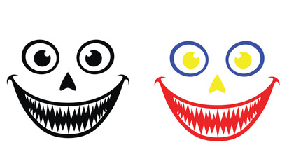 Two cartoon monster faces with sharp teeth and big smiles in silhouette mode