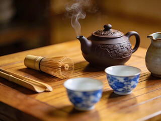 cozy still life of hot tea brewing with ceramic cups on wooden table
