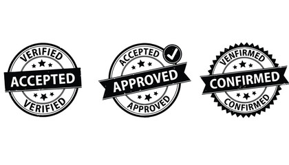 Three black and white stamps with verified, accepted, and confirmed text silhouette