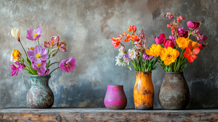Triptych of Colorful Flower Arrangements. Vase arrangements with vibrant flowers, ideal for home decor, floral design, and botanical promotional content.