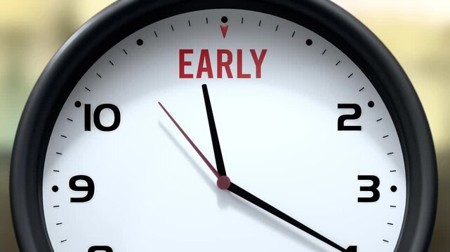 Early that is going to happen soon. Upcoming early, approaching in the near future. Early almost here, in a short time - a clock symbolizes a reminder that early is near.