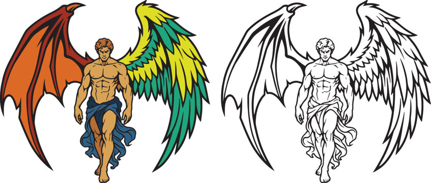 Winged Male Figure with Angel and Demon Wings Vector Illustration