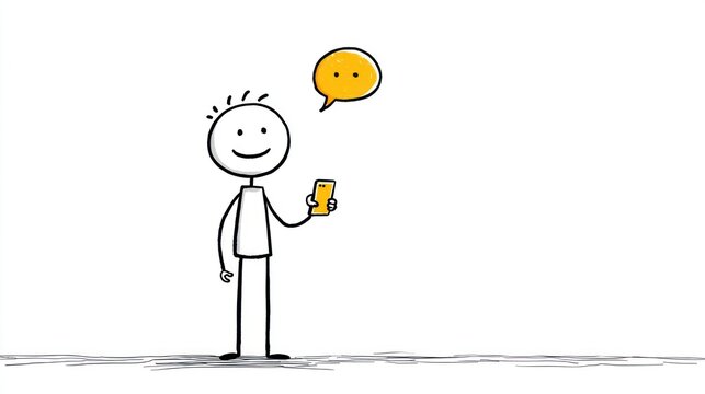 A stick figure holds a phone, thinking a thought bubble. Simple and clean illustration