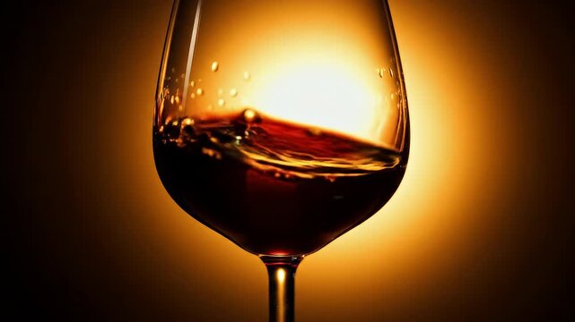 A glass of red wine with a warm golden glow.