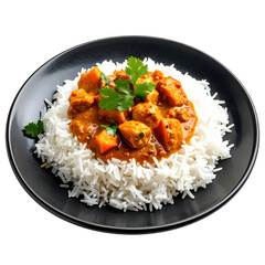 Savory coconut rice paired with a flavorful eggplant and tomato curry, presented on a dark dish, isolated on a bright white background.