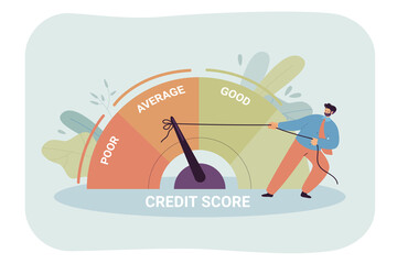 Man Pulling Gauge Needle to Good Credit Score Financial Concept